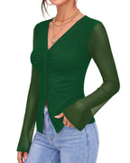 MANGOPOP Button-Down Trumpet Sleeve Ruched Mesh Blouse Deep Green
