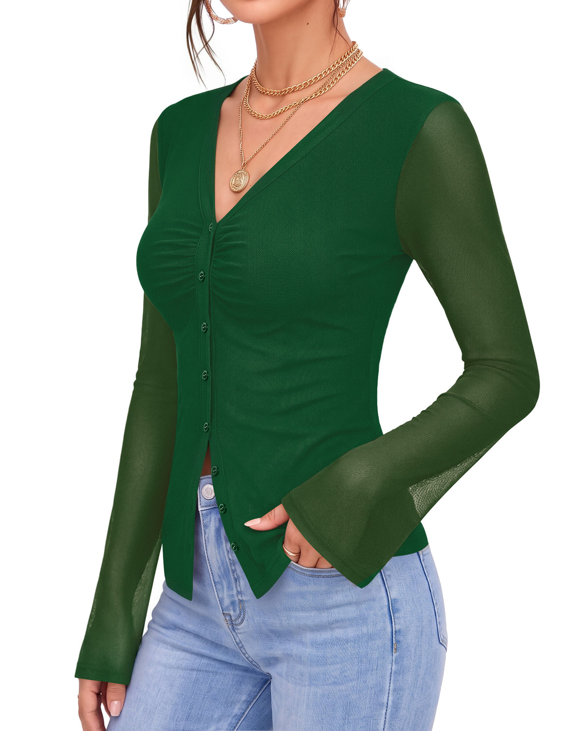 MANGOPOP Button-Down Trumpet Sleeve Ruched Mesh Blouse Deep Green
