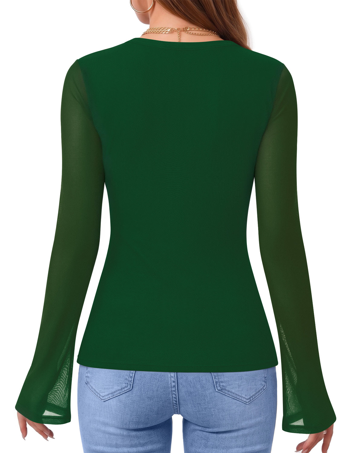 MANGOPOP Button-Down Trumpet Sleeve Ruched Mesh Blouse Deep Green