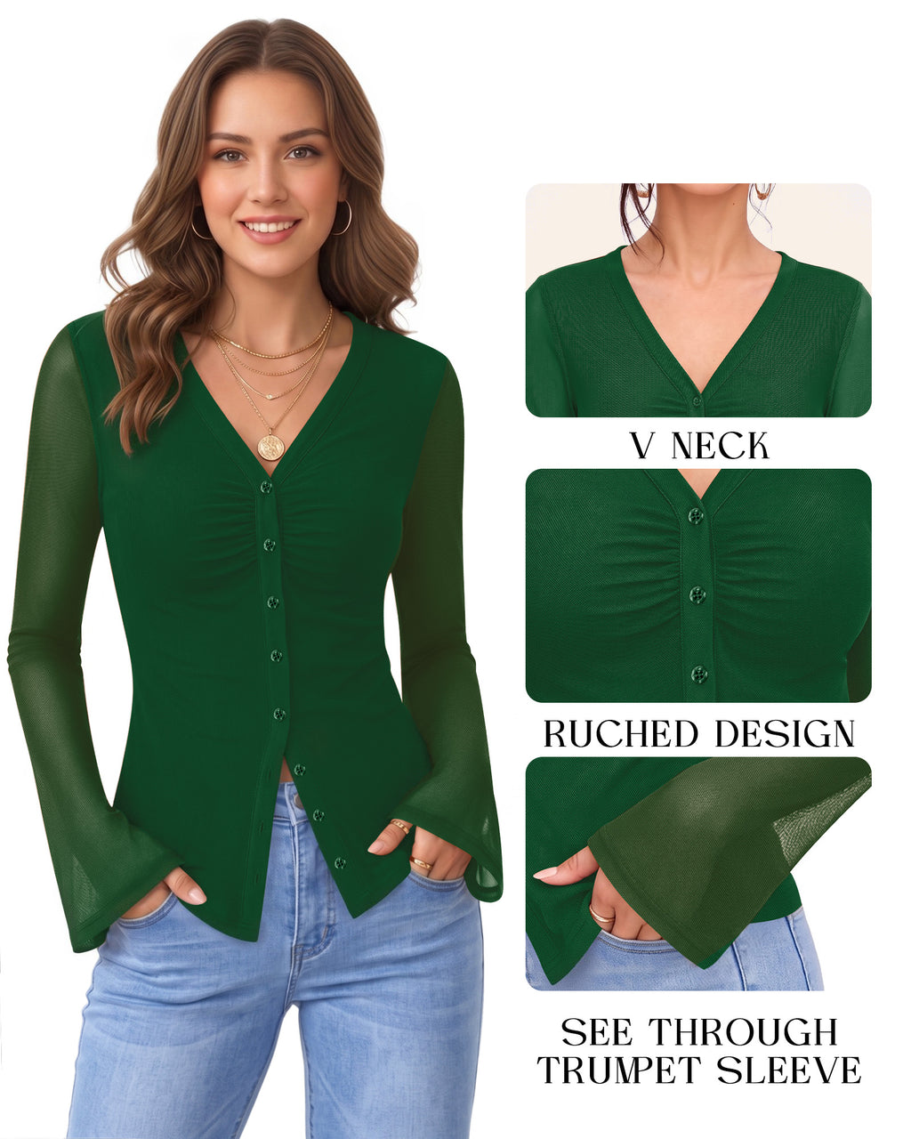 MANGOPOP Button-Down Trumpet Sleeve Ruched Mesh Blouse Deep Green