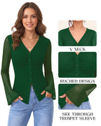 MANGOPOP Button-Down Trumpet Sleeve Ruched Mesh Blouse Deep Green