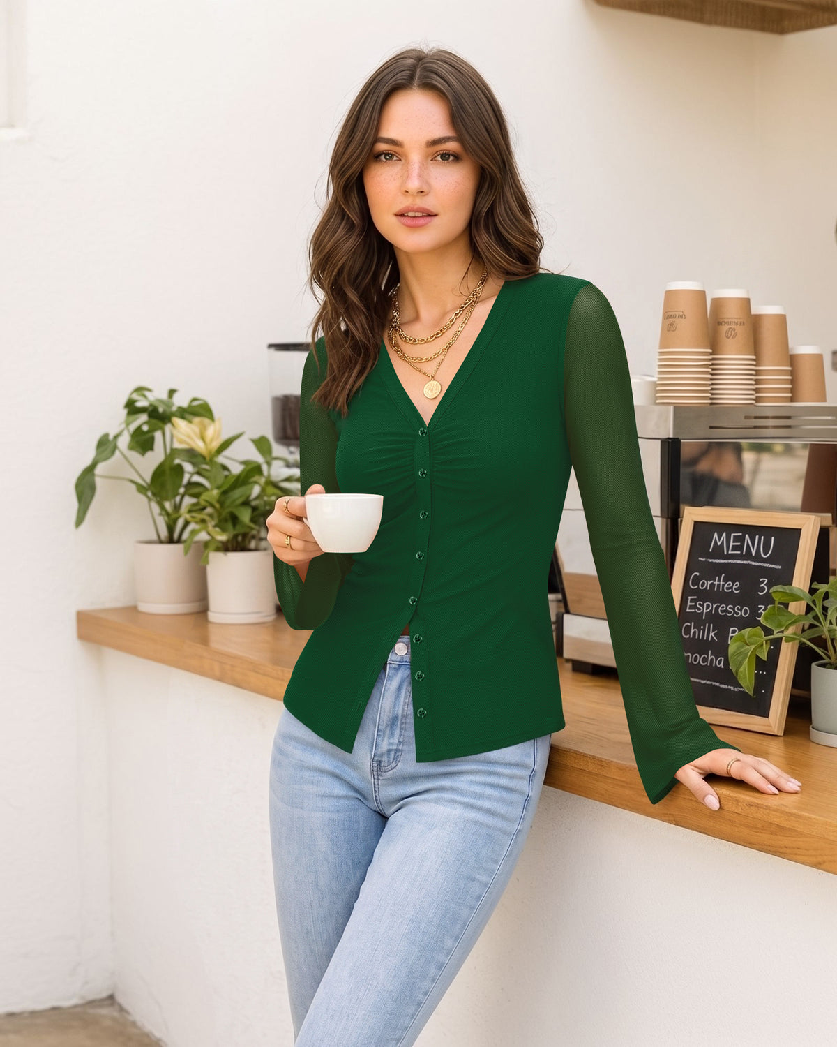 MANGOPOP Button-Down Trumpet Sleeve Ruched Mesh Blouse Deep Green