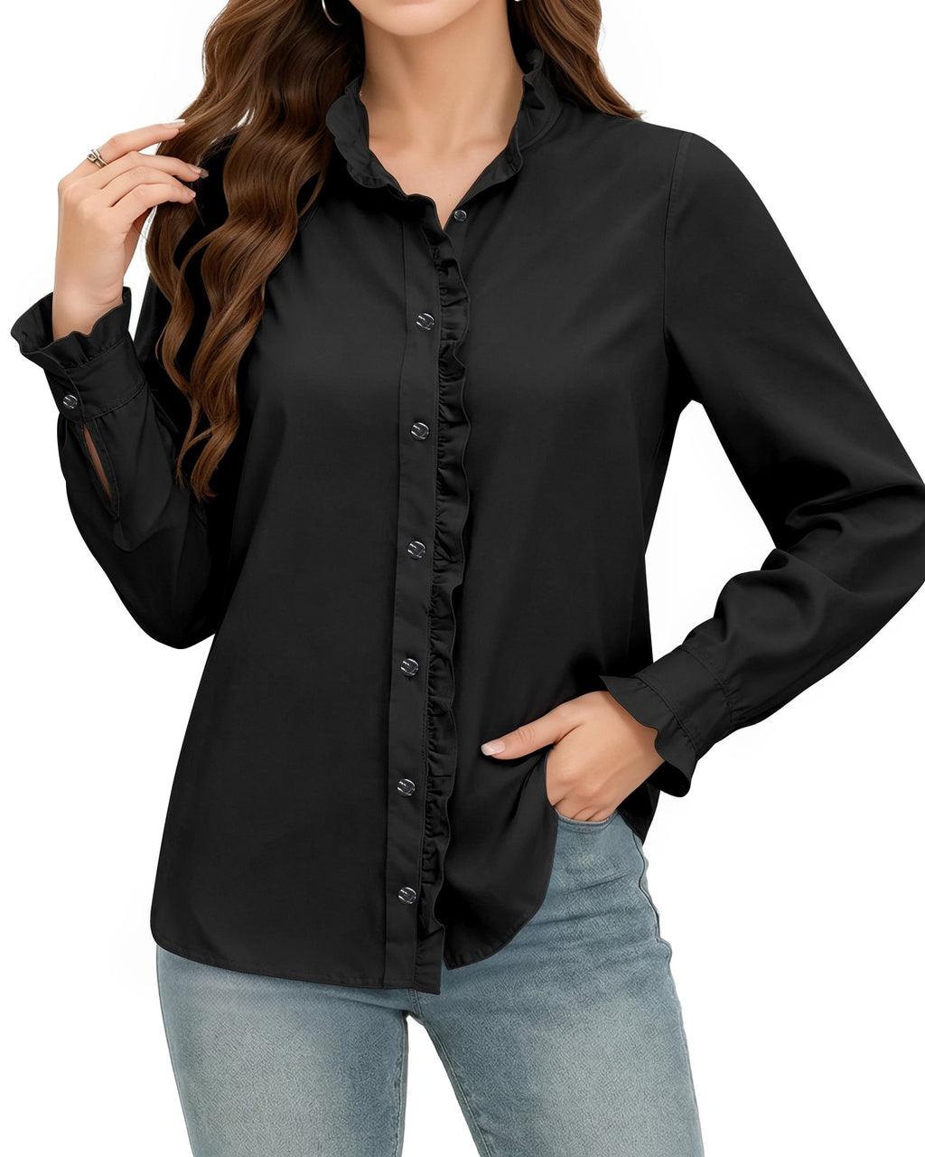 MANGOPOP Button-Down Long-Sleeve Ruffle B Blouse Black