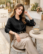 MANGOPOP Button-Down Long-Sleeve Ruffle B Blouse Black