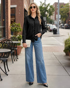 MANGOPOP Button-Down Long-Sleeve Ruffle B Blouse Black