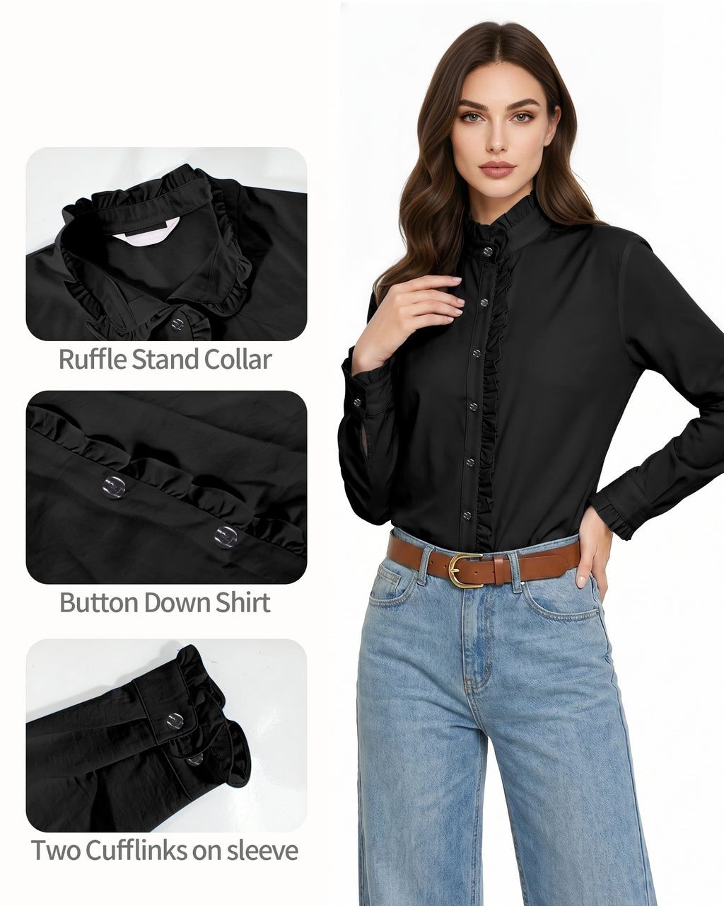 MANGOPOP Button-Down Long-Sleeve Ruffle B Blouse Black