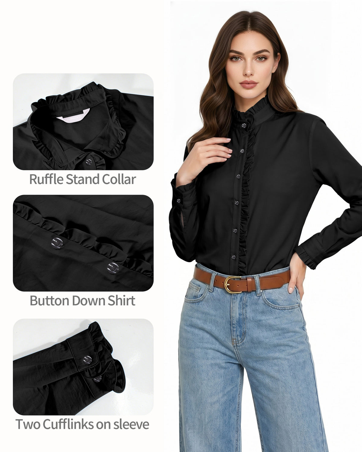 MANGOPOP Button-Down Long-Sleeve Ruffle B Blouse Black