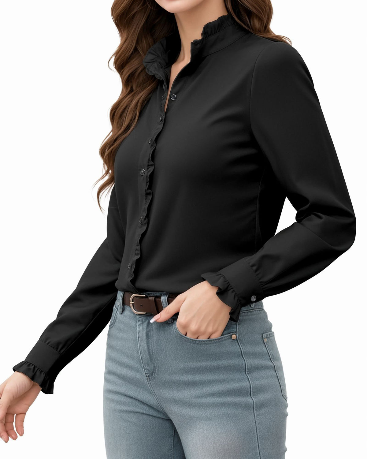 MANGOPOP Button-Down Long-Sleeve Ruffle B Blouse Black