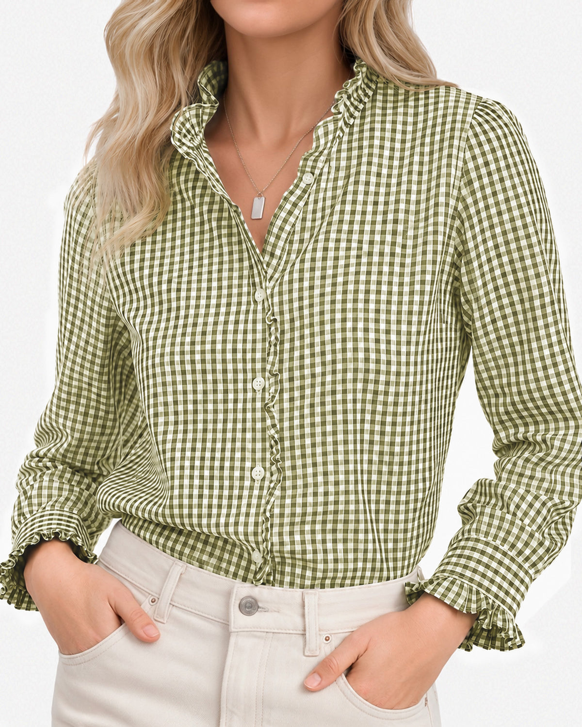 MANGOPOP Plaid Button-Down Ruffle Gingham Blouse Army Green Checkered