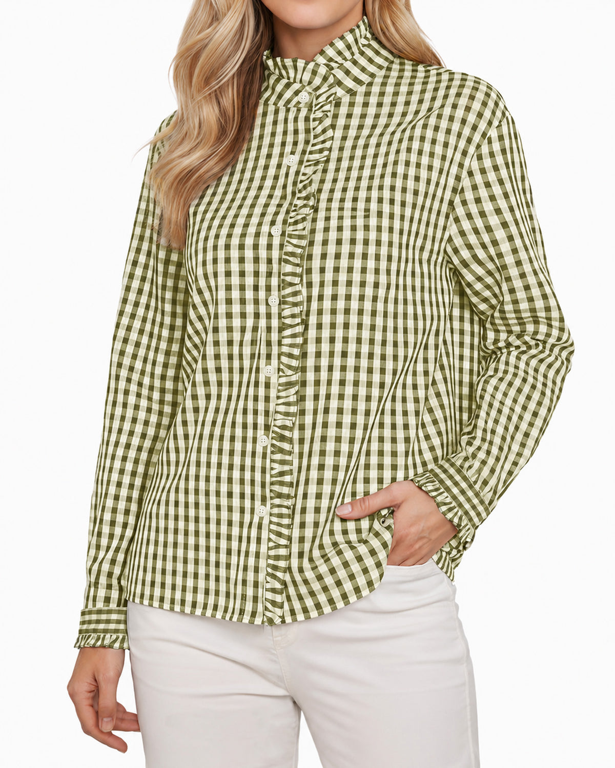 MANGOPOP Plaid Button-Down Ruffle Gingham Blouse Army Green Checkered