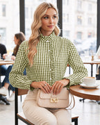 MANGOPOP Plaid Button-Down Ruffle Gingham Blouse Army Green Checkered