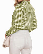 MANGOPOP Plaid Button-Down Ruffle Gingham Blouse Army Green Checkered
