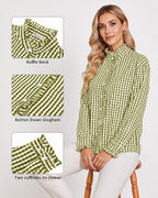 MANGOPOP Plaid Button-Down Ruffle Gingham Blouse Army Green Checkered