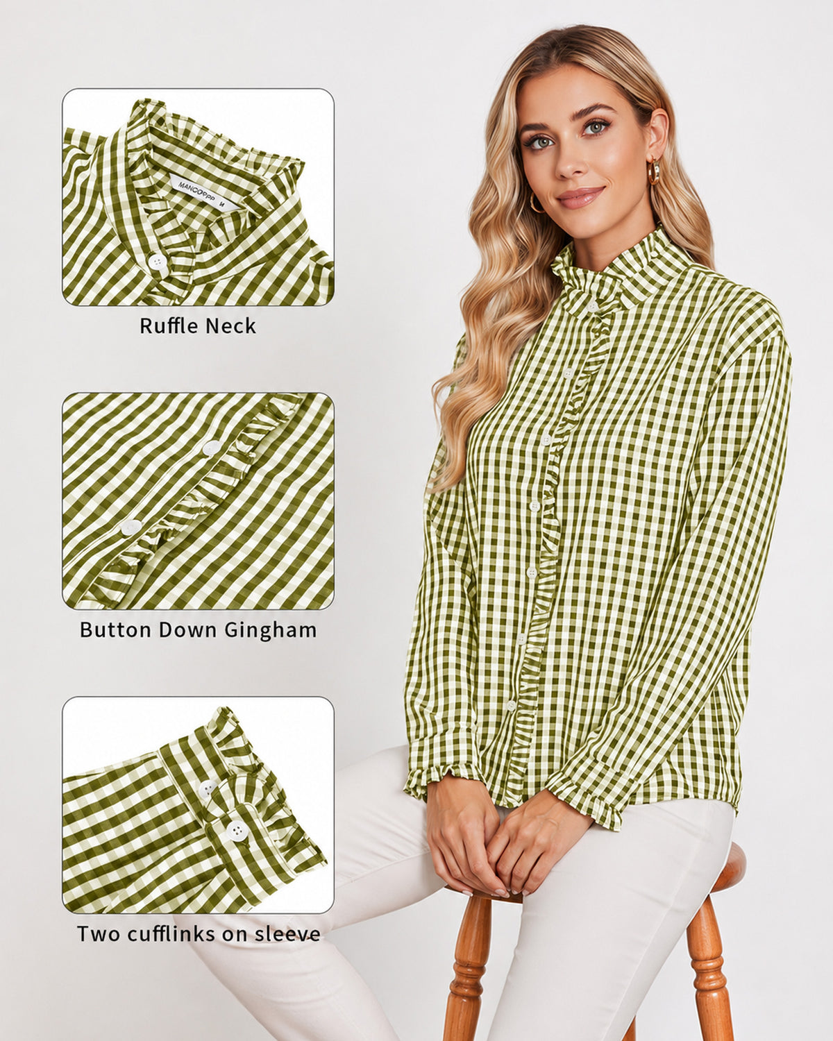 MANGOPOP Plaid Button-Down Ruffle Gingham Blouse Army Green Checkered