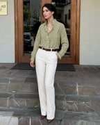 MANGOPOP Plaid Button-Down Ruffle Gingham Blouse Army Green Checkered