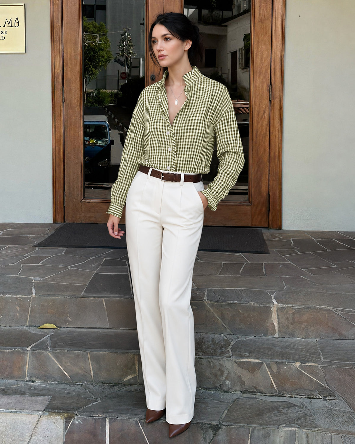 MANGOPOP Plaid Button-Down Ruffle Gingham Blouse Army Green Checkered