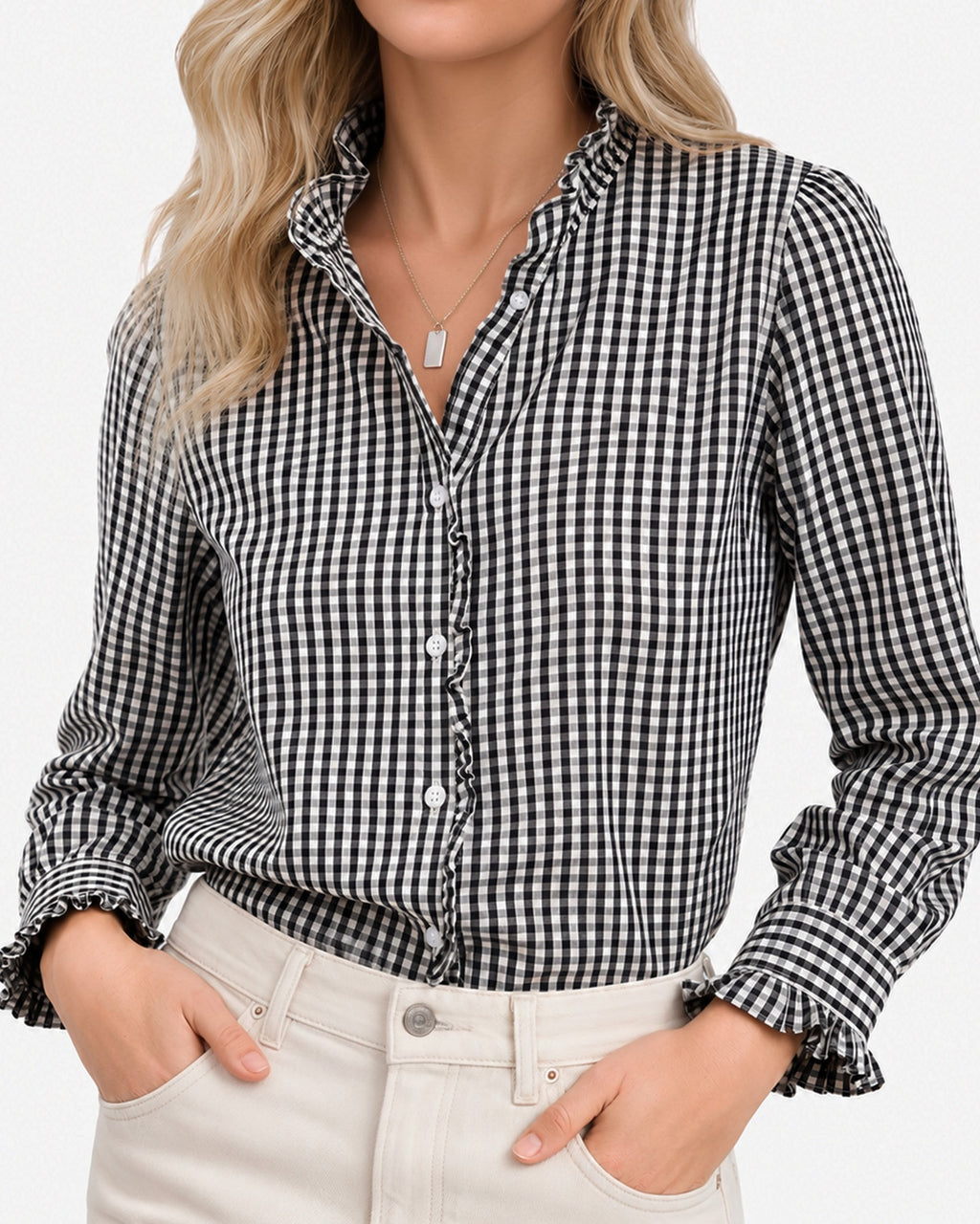 MANGOPOP Plaid Button-Down Ruffle Gingham Blouse Black White Checkered