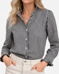 MANGOPOP Plaid Button-Down Ruffle Gingham Blouse Black White Checkered