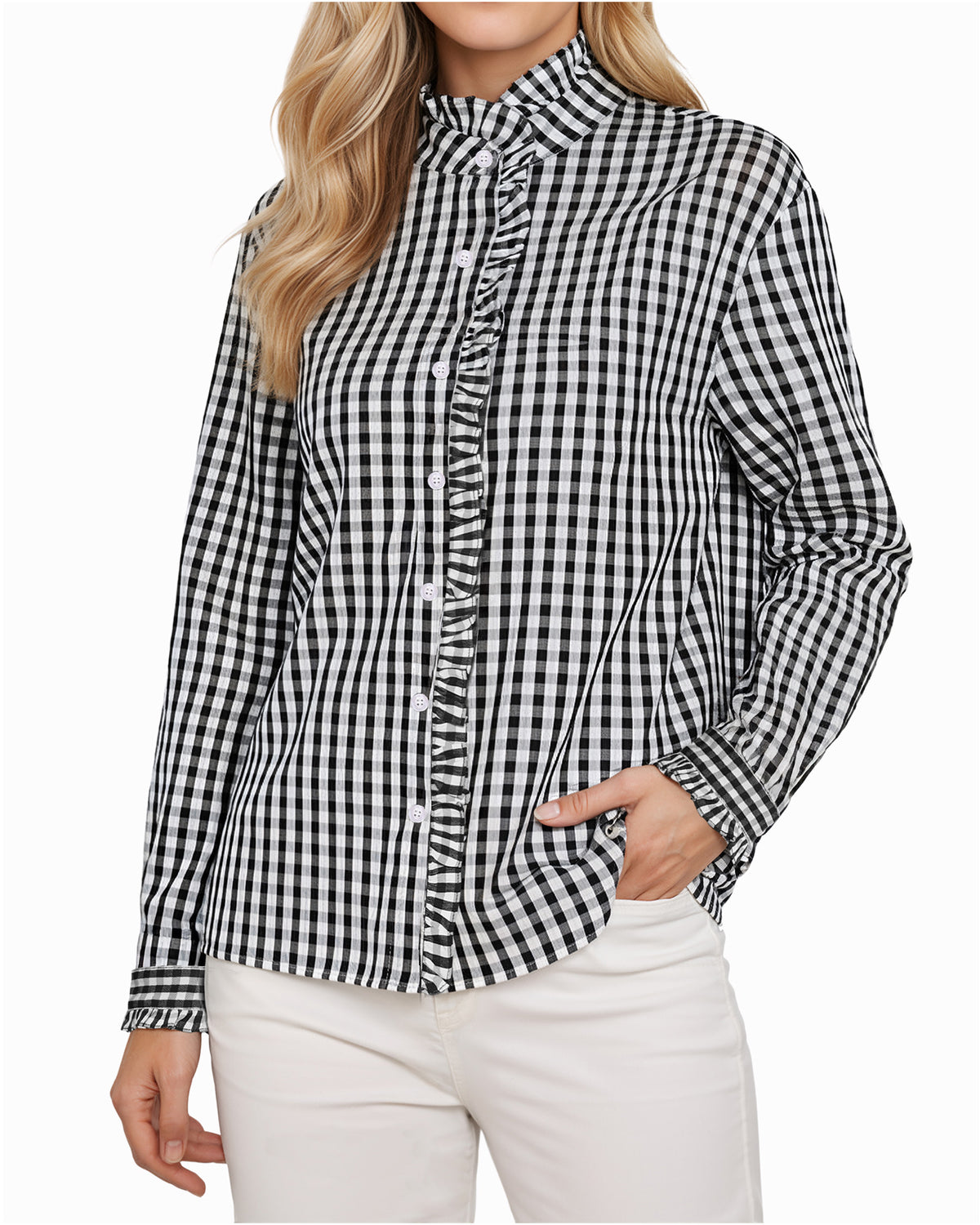MANGOPOP Plaid Button-Down Ruffle Gingham Blouse Black White Checkered