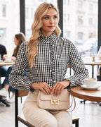 MANGOPOP Plaid Button-Down Ruffle Gingham Blouse Black White Checkered