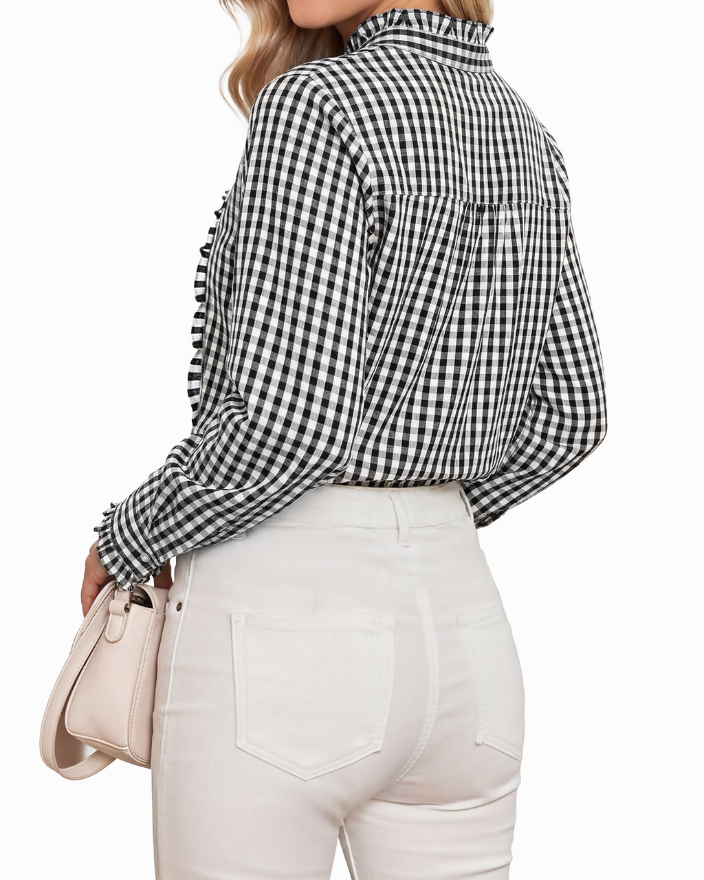 MANGOPOP Plaid Button-Down Ruffle Gingham Blouse Black White Checkered
