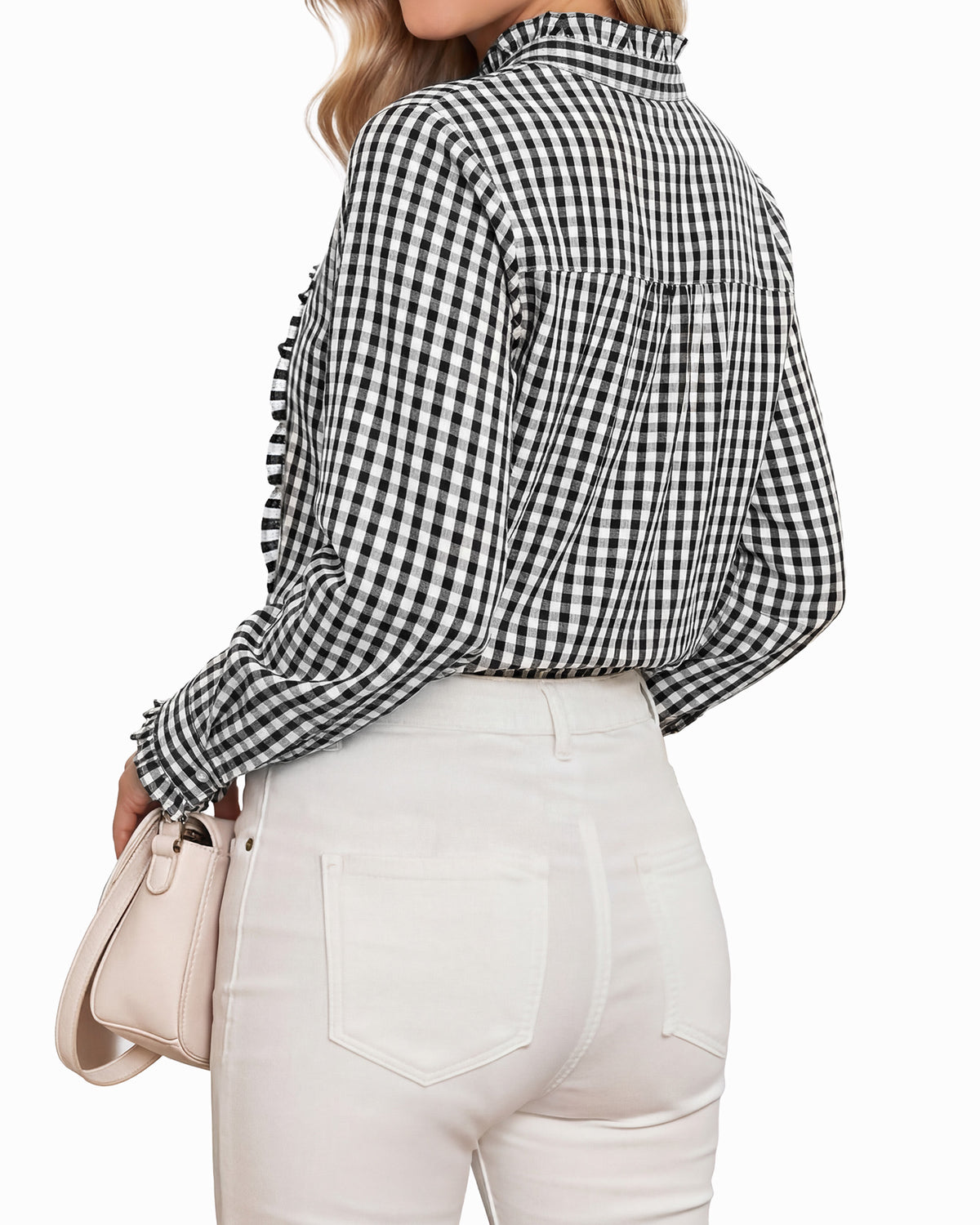 MANGOPOP Plaid Button-Down Ruffle Gingham Blouse Black White Checkered