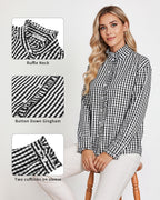MANGOPOP Plaid Button-Down Ruffle Gingham Blouse Black White Checkered