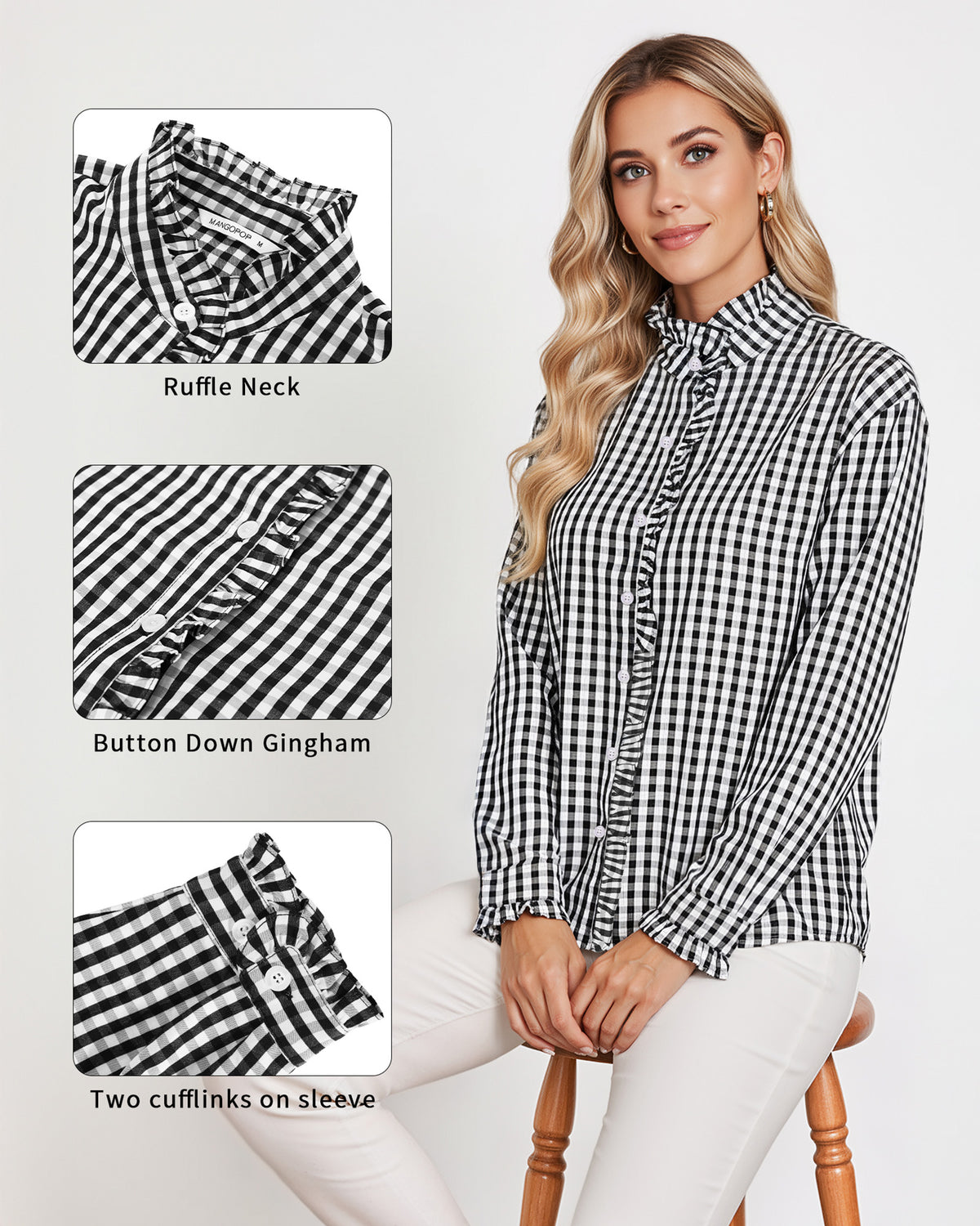 MANGOPOP Plaid Button-Down Ruffle Gingham Blouse Black White Checkered