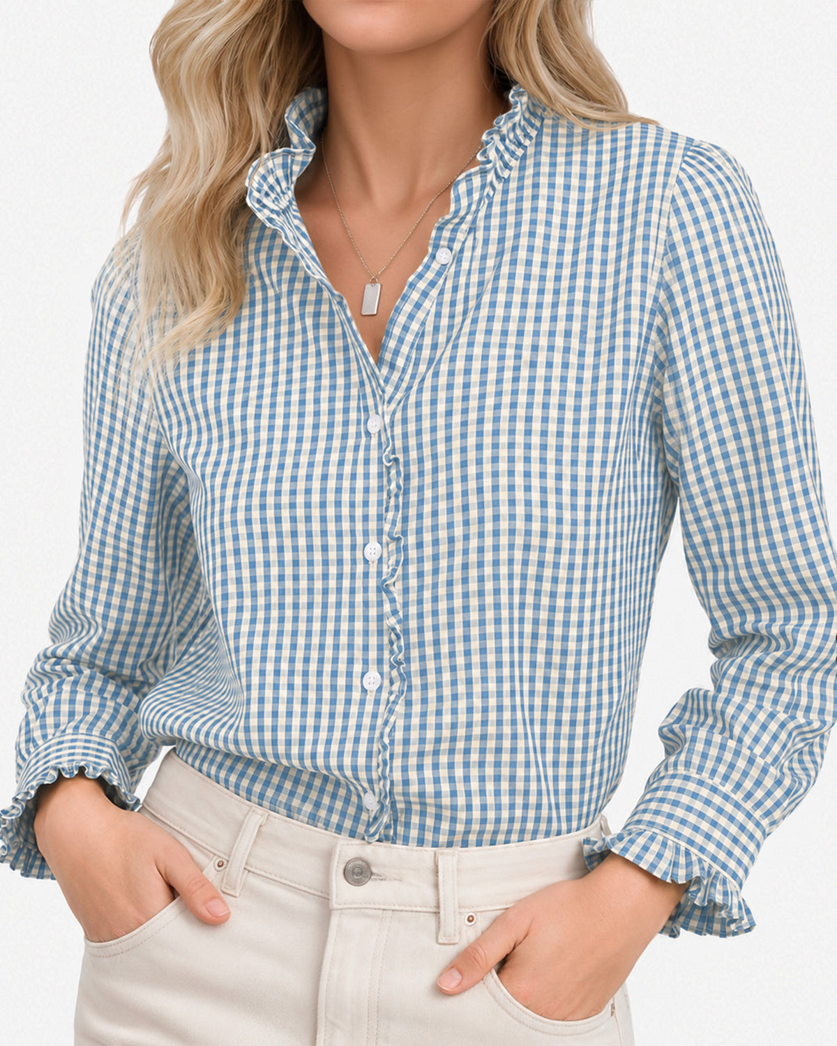 MANGOPOP Plaid Button-Down Ruffle Gingham Blouse Blue Checkered