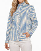MANGOPOP Plaid Button-Down Ruffle Gingham Blouse Blue Checkered
