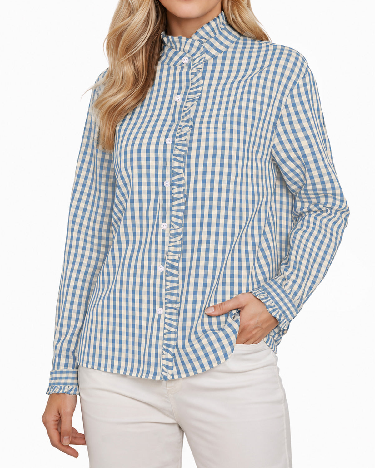 MANGOPOP Plaid Button-Down Ruffle Gingham Blouse Blue Checkered