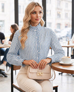 MANGOPOP Plaid Button-Down Ruffle Gingham Blouse Blue Checkered
