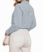 MANGOPOP Plaid Button-Down Ruffle Gingham Blouse Blue Checkered