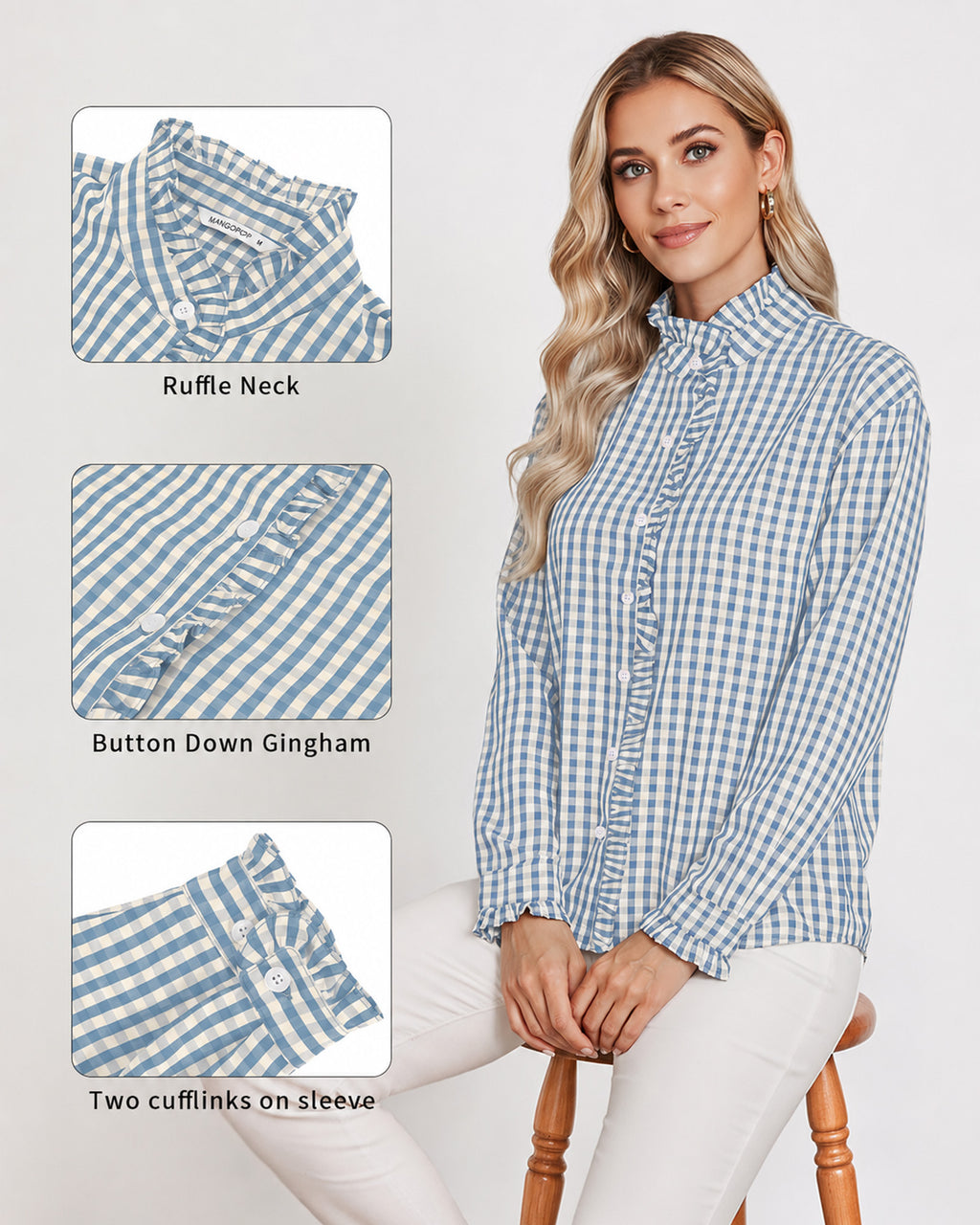 MANGOPOP Plaid Button-Down Ruffle Gingham Blouse Blue Checkered