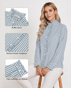 MANGOPOP Plaid Button-Down Ruffle Gingham Blouse Blue Checkered