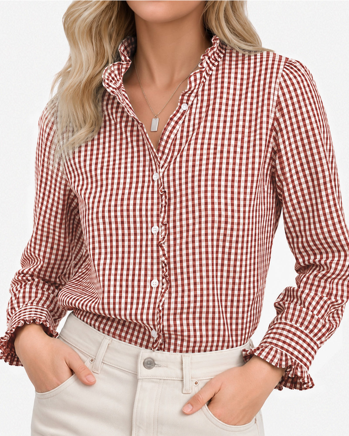MANGOPOP Plaid Button-Down Ruffle Gingham Blouse Red Checkered