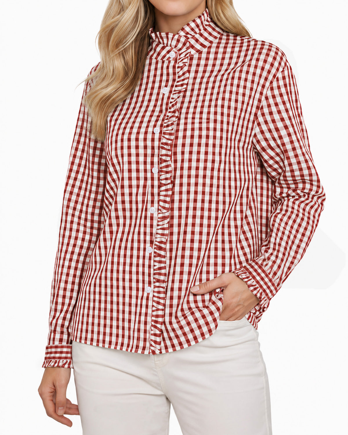 MANGOPOP Plaid Button-Down Ruffle Gingham Blouse Red Checkered