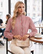 MANGOPOP Plaid Button-Down Ruffle Gingham Blouse Red Checkered