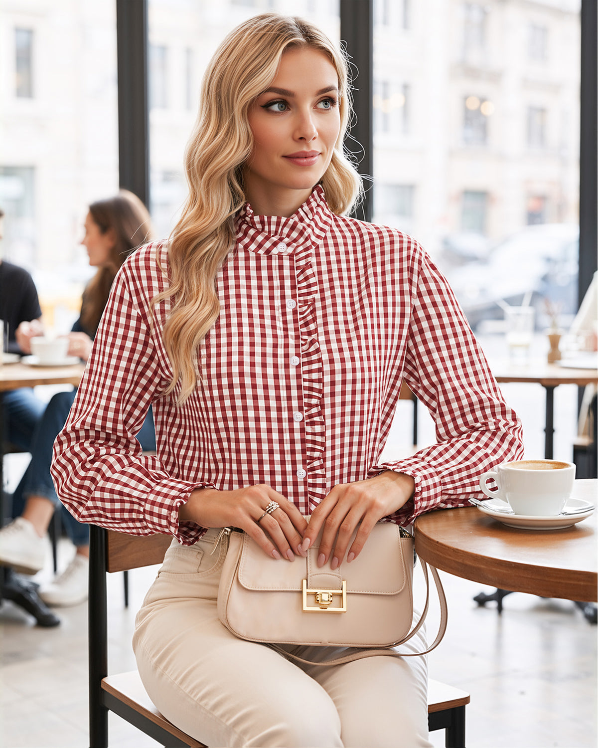 MANGOPOP Plaid Button-Down Ruffle Gingham Blouse Red Checkered