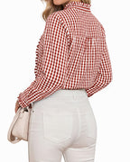 MANGOPOP Plaid Button-Down Ruffle Gingham Blouse Red Checkered