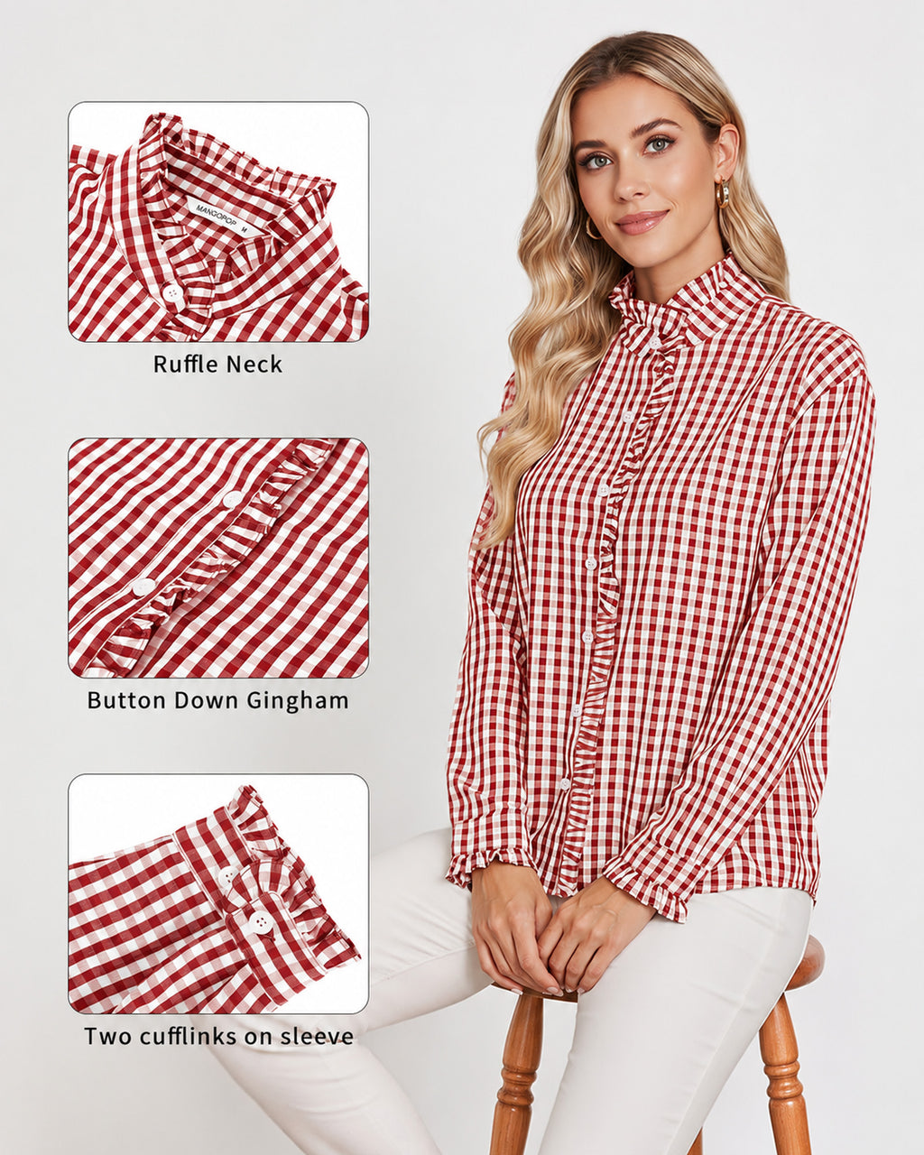 MANGOPOP Plaid Button-Down Ruffle Gingham Blouse Red Checkered