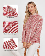 MANGOPOP Plaid Button-Down Ruffle Gingham Blouse Red Checkered