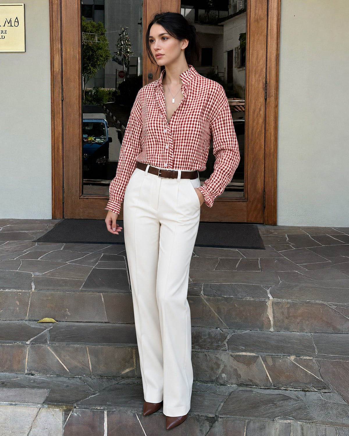 MANGOPOP Plaid Button-Down Ruffle Gingham Blouse Red Checkered