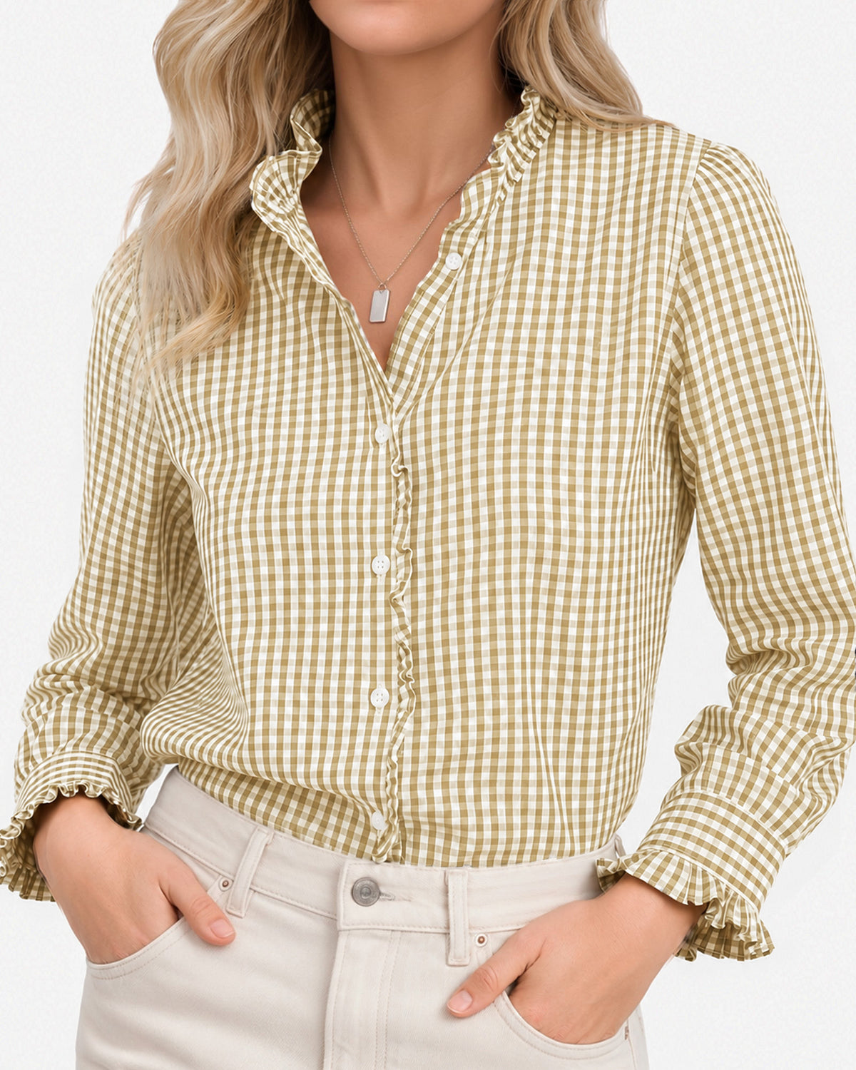 MANGOPOP Plaid Button-Down Ruffle Gingham Blouse Khaki Checkered