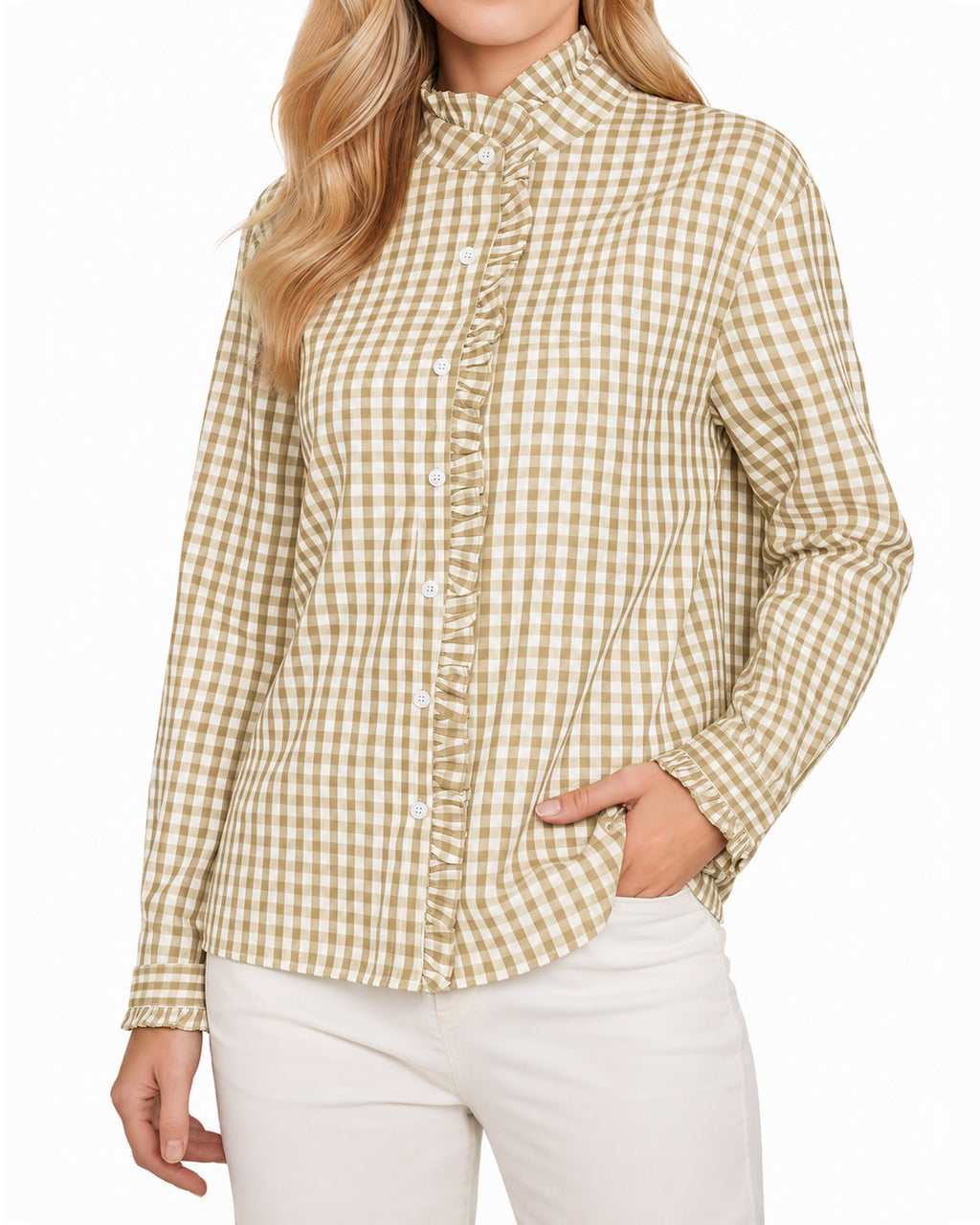 MANGOPOP Plaid Button-Down Ruffle Gingham Blouse Khaki Checkered