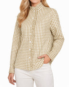 MANGOPOP Plaid Button-Down Ruffle Gingham Blouse Khaki Checkered