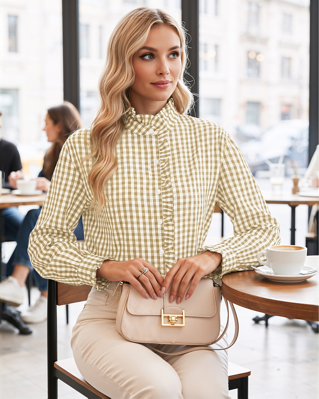 MANGOPOP Plaid Button-Down Ruffle Gingham Blouse Khaki Checkered