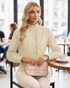 MANGOPOP Plaid Button-Down Ruffle Gingham Blouse Khaki Checkered