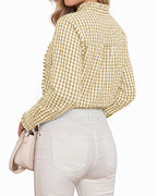 MANGOPOP Plaid Button-Down Ruffle Gingham Blouse Khaki Checkered