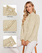 MANGOPOP Plaid Button-Down Ruffle Gingham Blouse Khaki Checkered